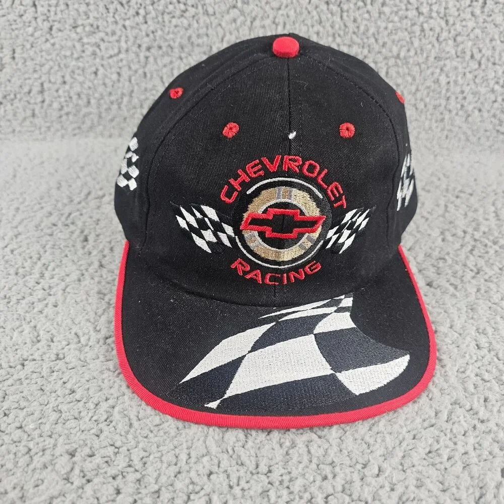 Vintage Chevy Racing Hat Black Checkered Flag USA Made 90s Y2K Chevrolet NASCAR